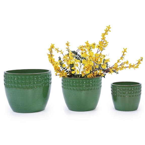 CQSXDA 3-Pack Antique Green Ceramic Planters, 15" 12" 9" Modern Indoor Outdoor Flower Pot w/Drainage