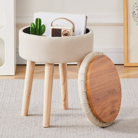Tcbosik Small Round Ottoman with Storage, Upholstered Vanity Stool with Flip-Top Tray and Wood Legs, Linen Fabric Footrest for Bedroom, Entryway, Living Room, Beige