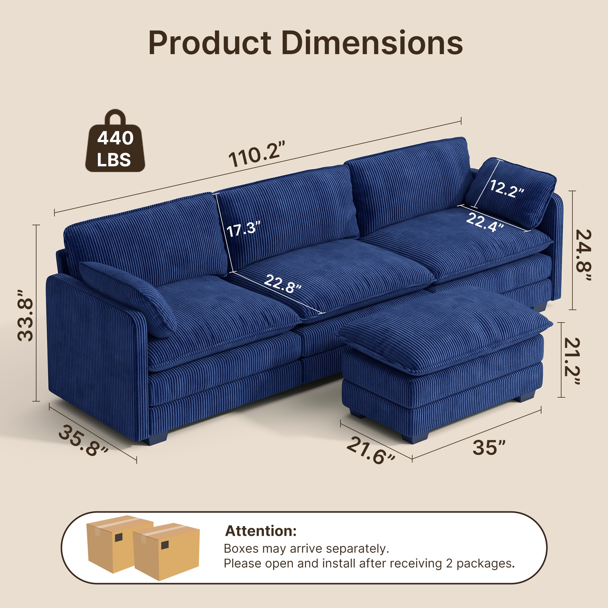 110" Sectional Sofa With Washable Cover, Comfy 3 Seater L-Shaped Corduroy Fabric Couch with Reversible Ottoman & Deep Seat for Apartment,Blue