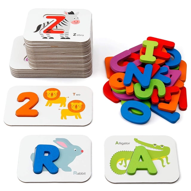 Juego de tarjetas didácticas con números y alfabetos Coogam con letras de madera