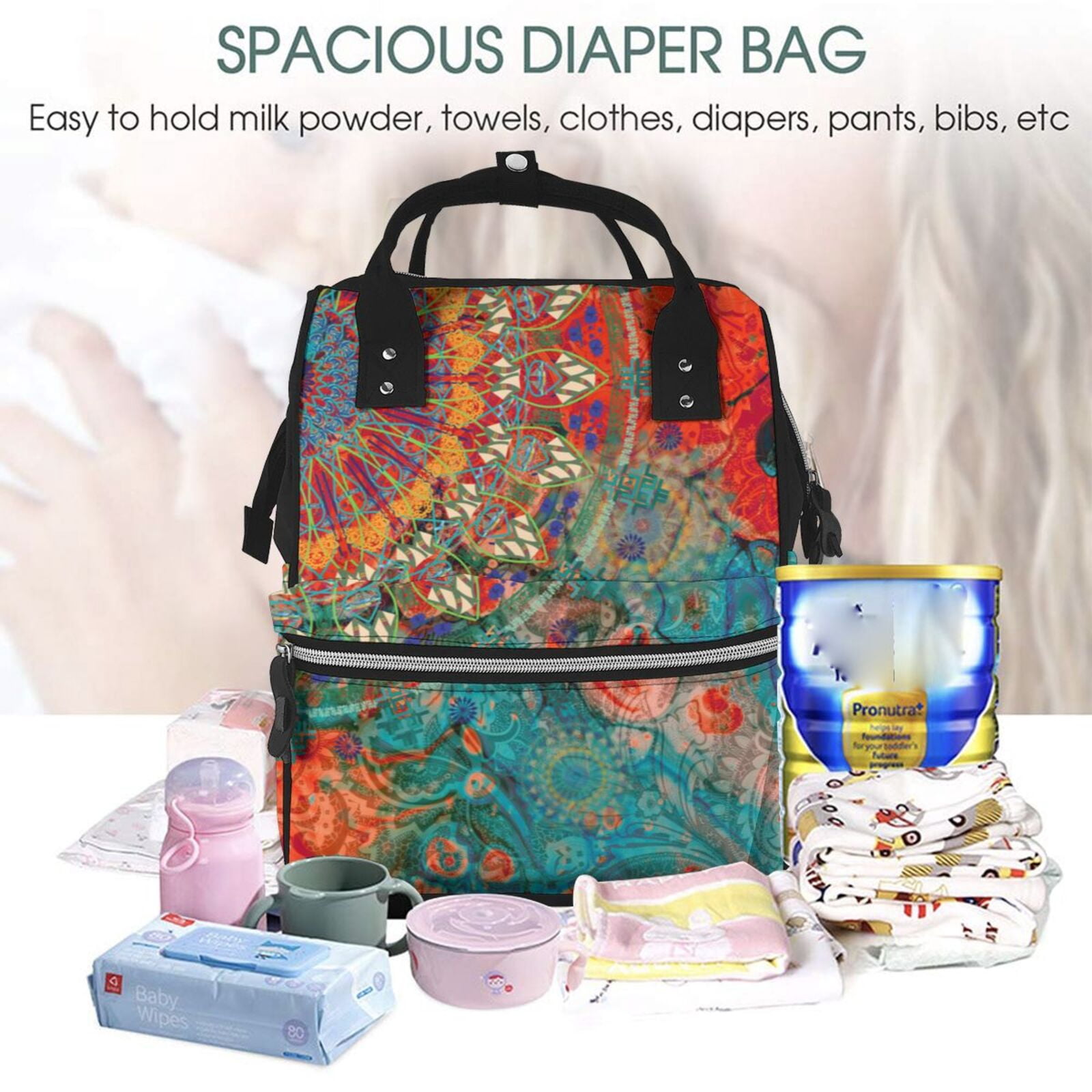 Ratiio Mandala Colorful Mummy Backpack - Waterproof Twill Canvas, Large Capacity Diaper Bag with Multiple Pockets and Adjustable Straps