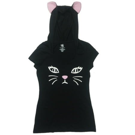 Junior Womens Black & White Kitty Cat Halloween Tee Shirt Hooded Kitten T-Shirt