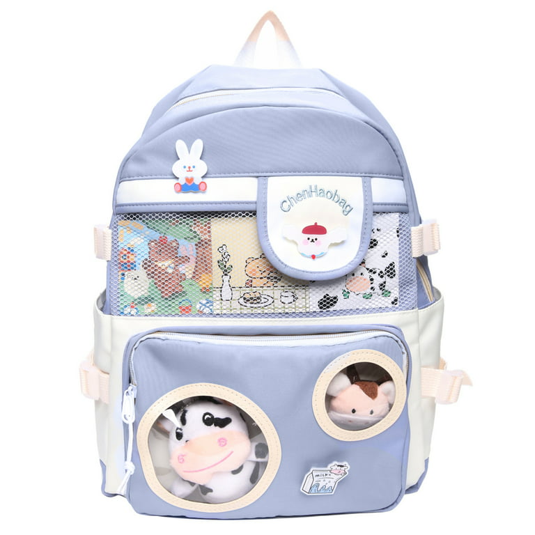 Backpack with Cute Pin Accessories Plush Pendant Kawaii School Backpack  Cute Aesthetic Backpack Blue 
