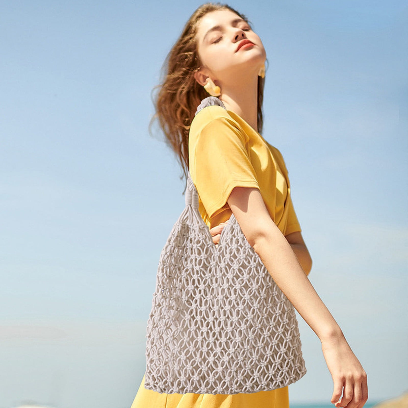 Specollect Clearance 2Pcs Crochet Backpack Flap Drawstring Shoulders Bag Summer Beach Woven Tote Bag, Straw Rattan Raffia Bucket Bag, Handmade Basket Handbag