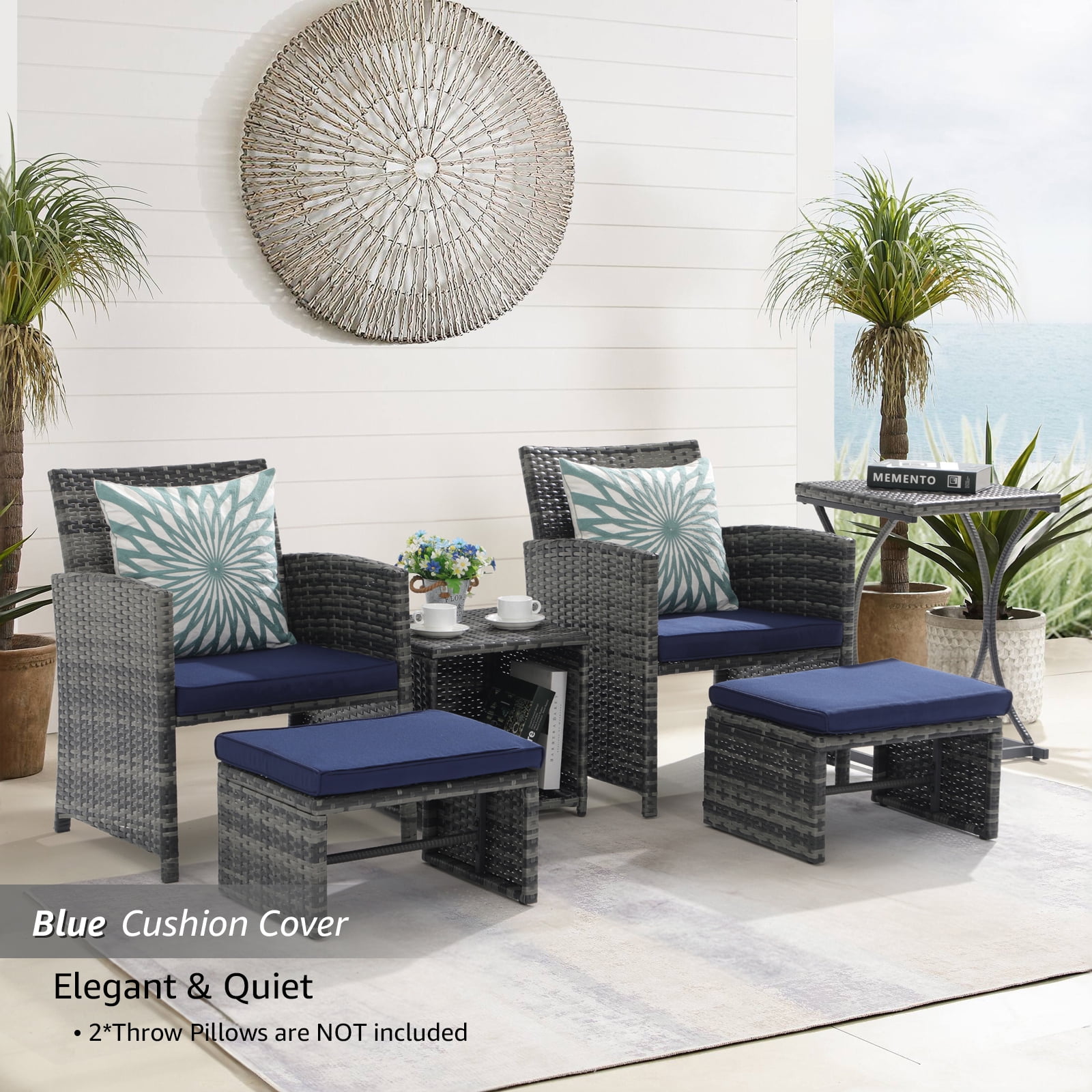 JOIVI 6 Piece Patio Furniture Conversation Set, with Ottoman, Outdoor Grey Wicker Chair and Table Set, Navy Blue
