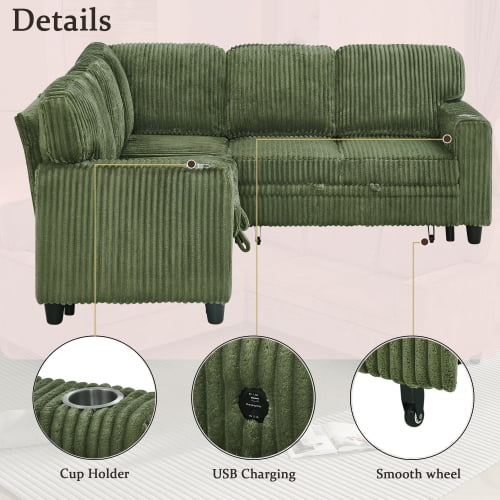Howcool Modular Sectional Sleeper Sofa, 81" L-Shaped Oversized Cloud Couch with Pull-Out Bed, 5-Seat Corduroy Sofa with Storage Chaise, USB Charging and Cup Holders for Living Room Apartment,Green