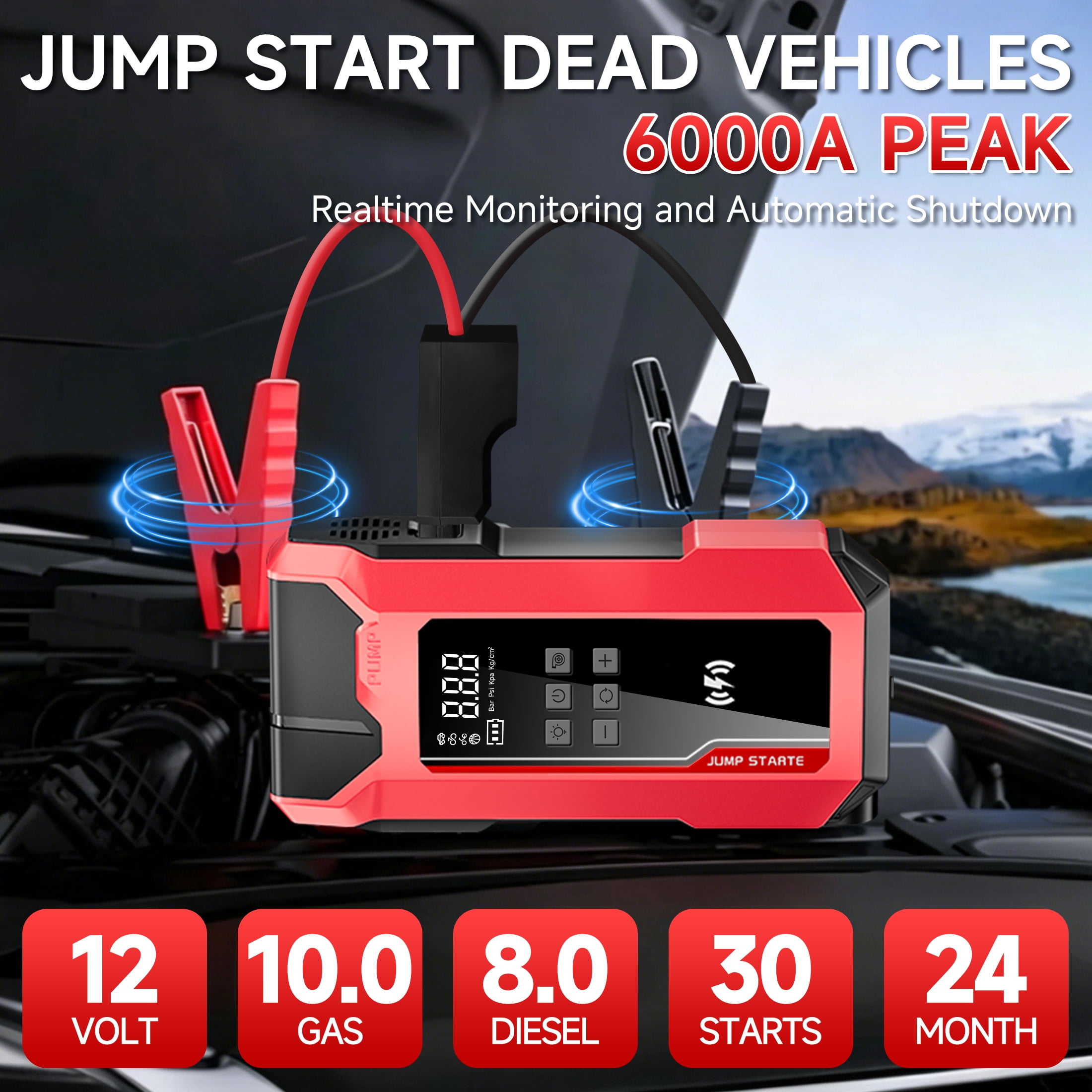 CamelParty Jump Starter with Air Compressor, 6000A Car Battery Booster for 10.0L Gas 8.0L Diesel 150PSI Auto-Stop Air Compressor with Blower, 12V Portable Emergency Jump Box with LED Light