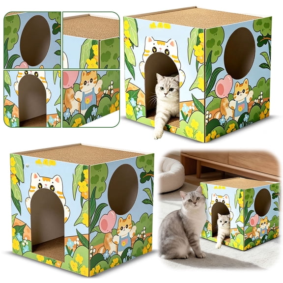 Cardboard Cat Scratcher House with 2 Scratch Boards – Peekaboo Cave & Hideaway, Playhouse for Indoor Pets, Corrugated Scratching Cube for Kittens, Rest Box Bed with Catnip, Durable Fun