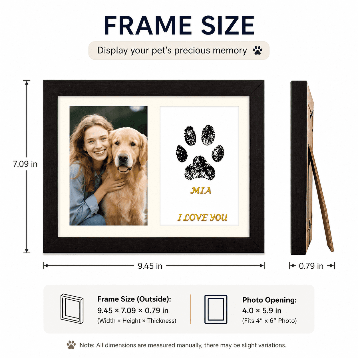 Pet Paw Print Memorial Picture Frame Kit, Wooden Keepsake Frame with Ink Pad and Gold Letter Stickers for Dogs & Cats