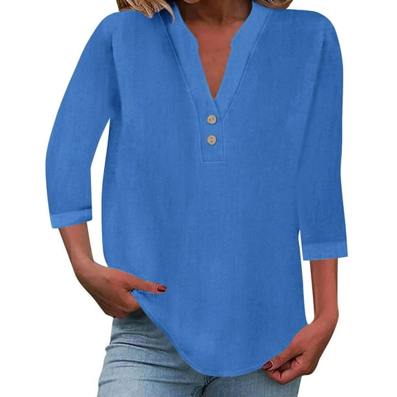 JFGHDG 3/4 length sleeve womens tops button down shirts for women Roll Up Short Sleeve Tops Summer Tops for Women 2025 elbow length tee shirts for women V Neck Down Short Sleeve Top T Shirt Blue L