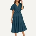 thumbnail image 5 of SMihono Trendy Women's Summer Solid Boho Maxi Dress Wrap Short Sleeve V Neck Ruffle A-Line Flowy Wedding Guest Long Dresses Navy XL, 5 of 9