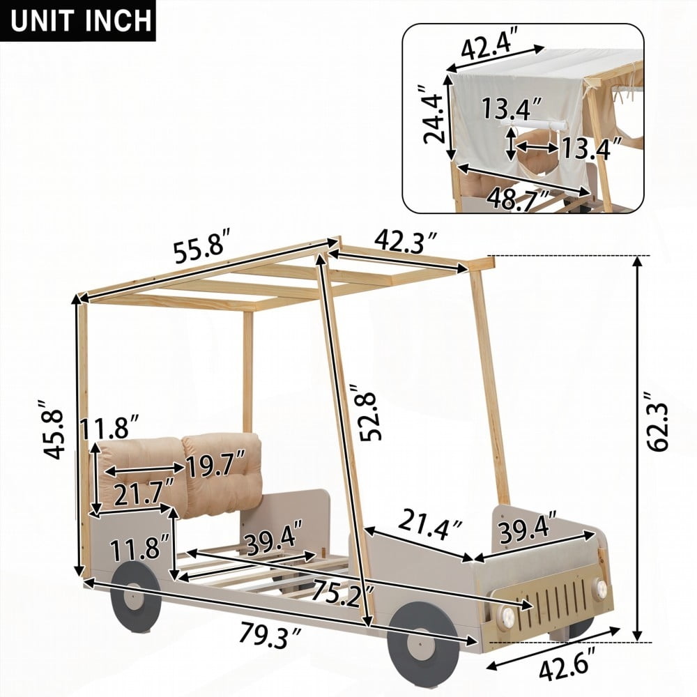 Wood Twin Size Car Bed with Pillow & LED - Sturdy & Fun
