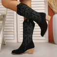 thumbnail image 3 of Mid Calf Cowboy Boots for Women Retro Suede Studded V Cutout Embroidered Chunky High Heel Western Cowgirl Boots Black Size 6, 3 of 7