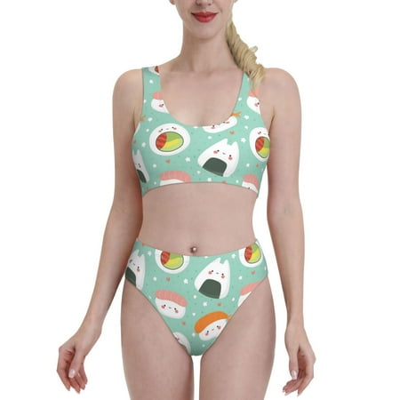 Bixox Kawaii Sushi Pattern Two-Piece Sports Bikini with U-Shaped Top and High-Waist Bottom - Women s Swimwear with Removable Bra Pads