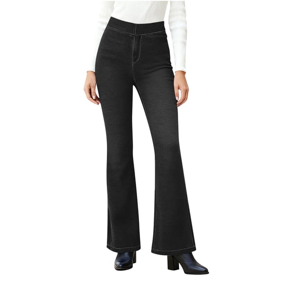 SELONE Flare Jeans for Women High Elastic Waist Stretch Bootcut Pants Casual Denim Trousers Soild Activewear Black 2XL