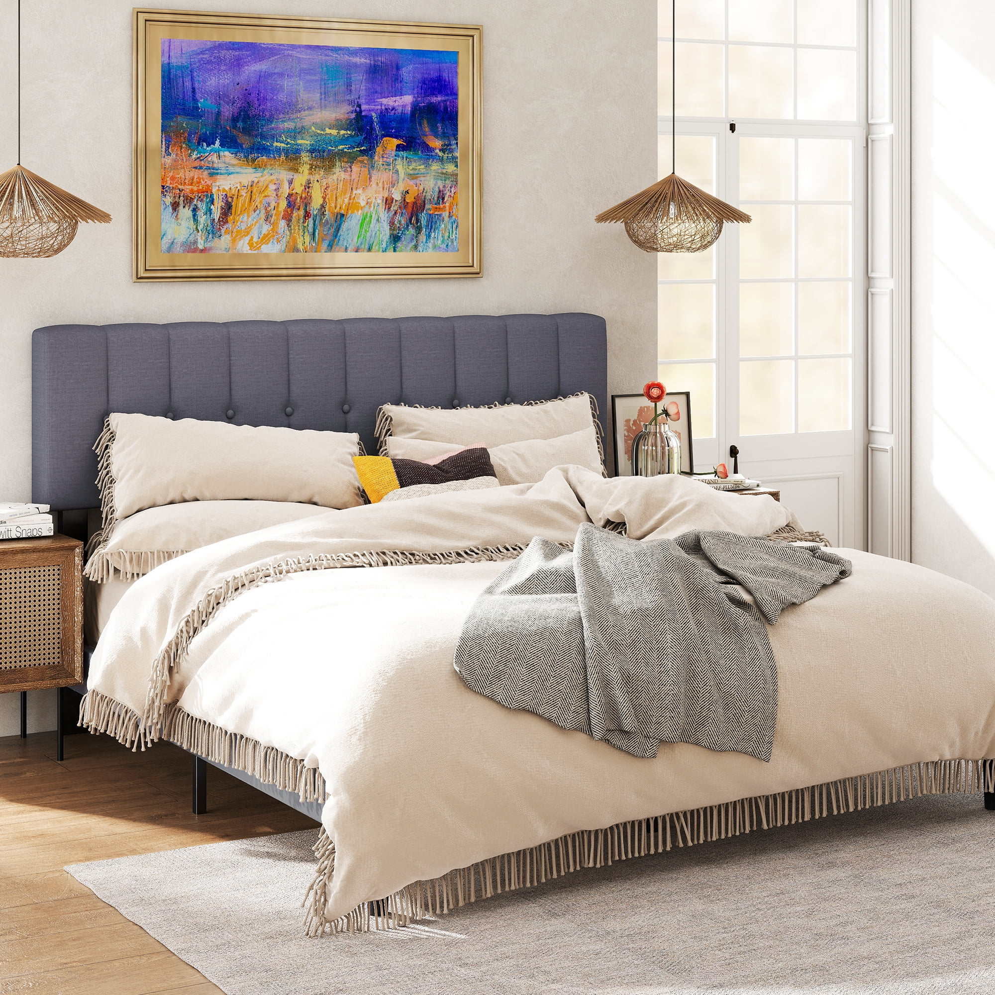 GIANNA Queen Size Platform Bed – Fabric Upholstered, Sturdy Wood Slats, No Box Spring Needed, Grey