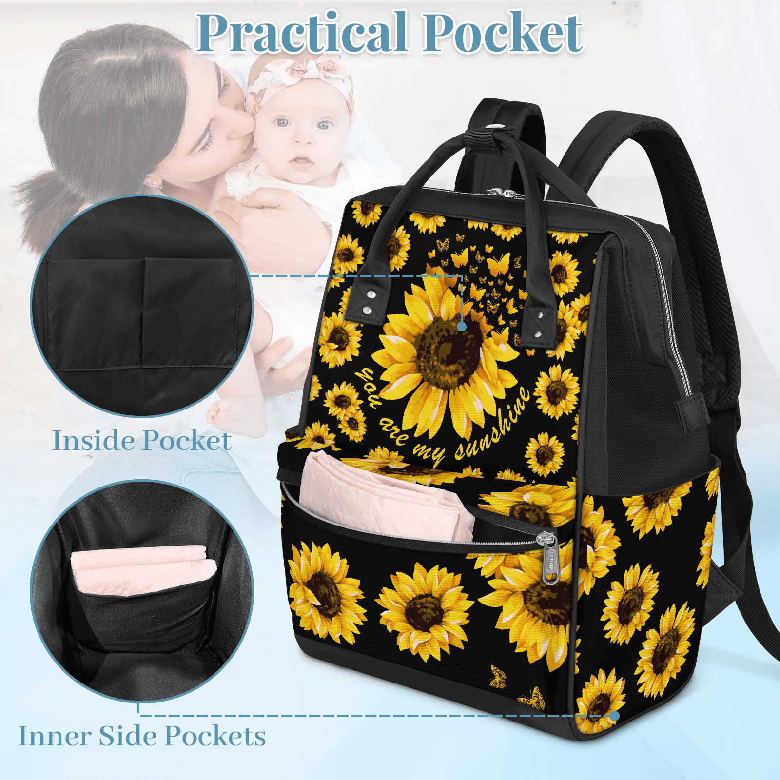 Sunflower Floral Mommy Backpack,Large Capacity Diaper Bag with Multi-Pockets,Water-Resistant Adjustable Straps Diaper Bag for Moms,Women,Travel 11x7x15.7 Inch