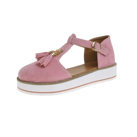 

Ovzne Women s Tassel Round Toe Flats Platform Buckle Strap Casual Beach Shoes Clearance