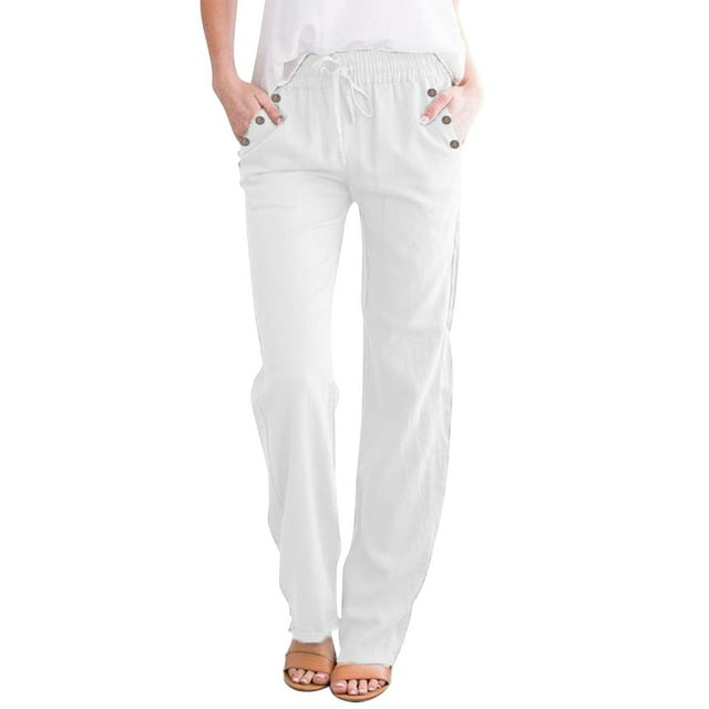 Pantalon Droit Uni Taille et Long Femme Décontracté Élastique Cordon Coton