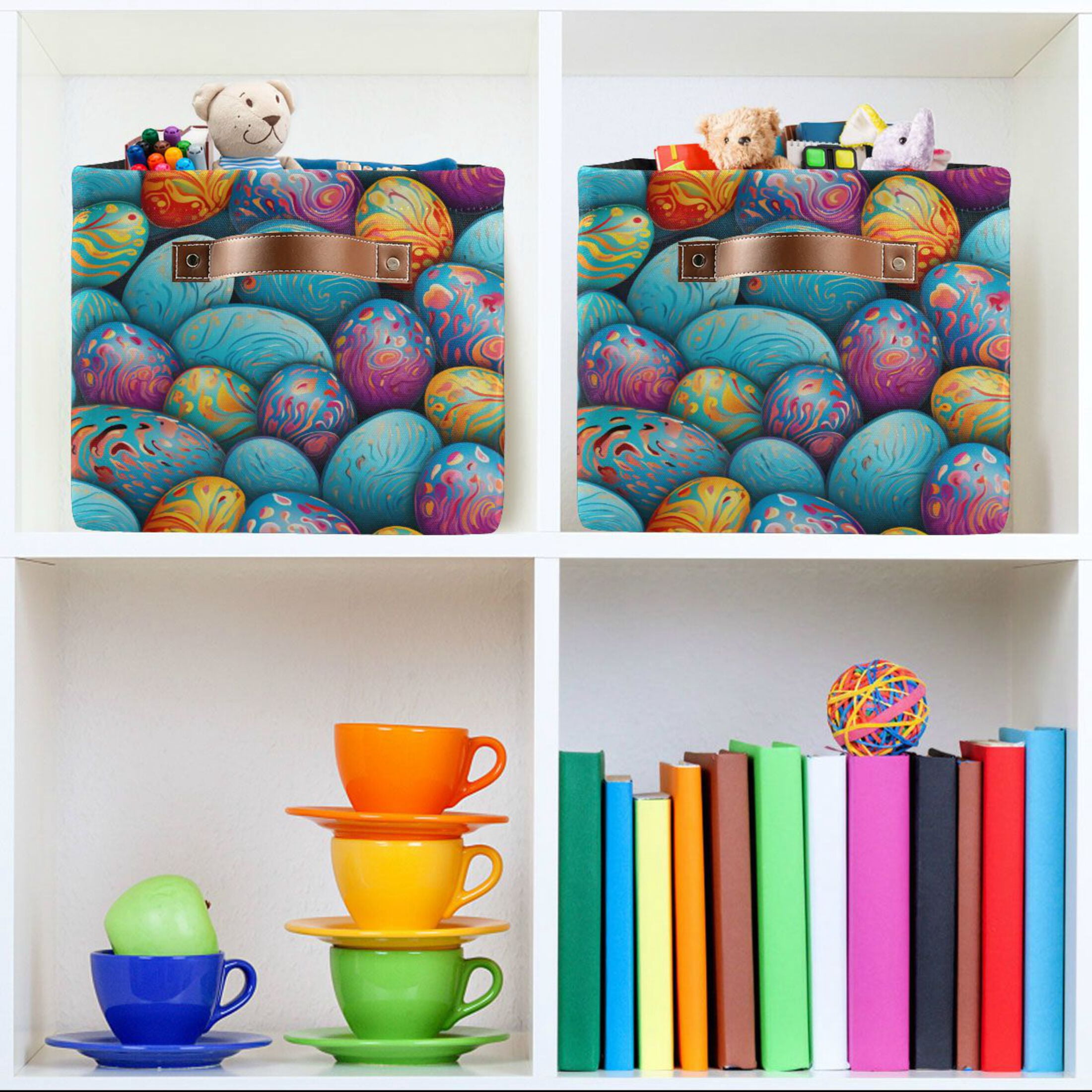 Easter Eggs with Abstract Flowers Storage Bins with Handle Fabric Organizer Basket Foldable Box 2 Pack 14.2x10.2x8.3