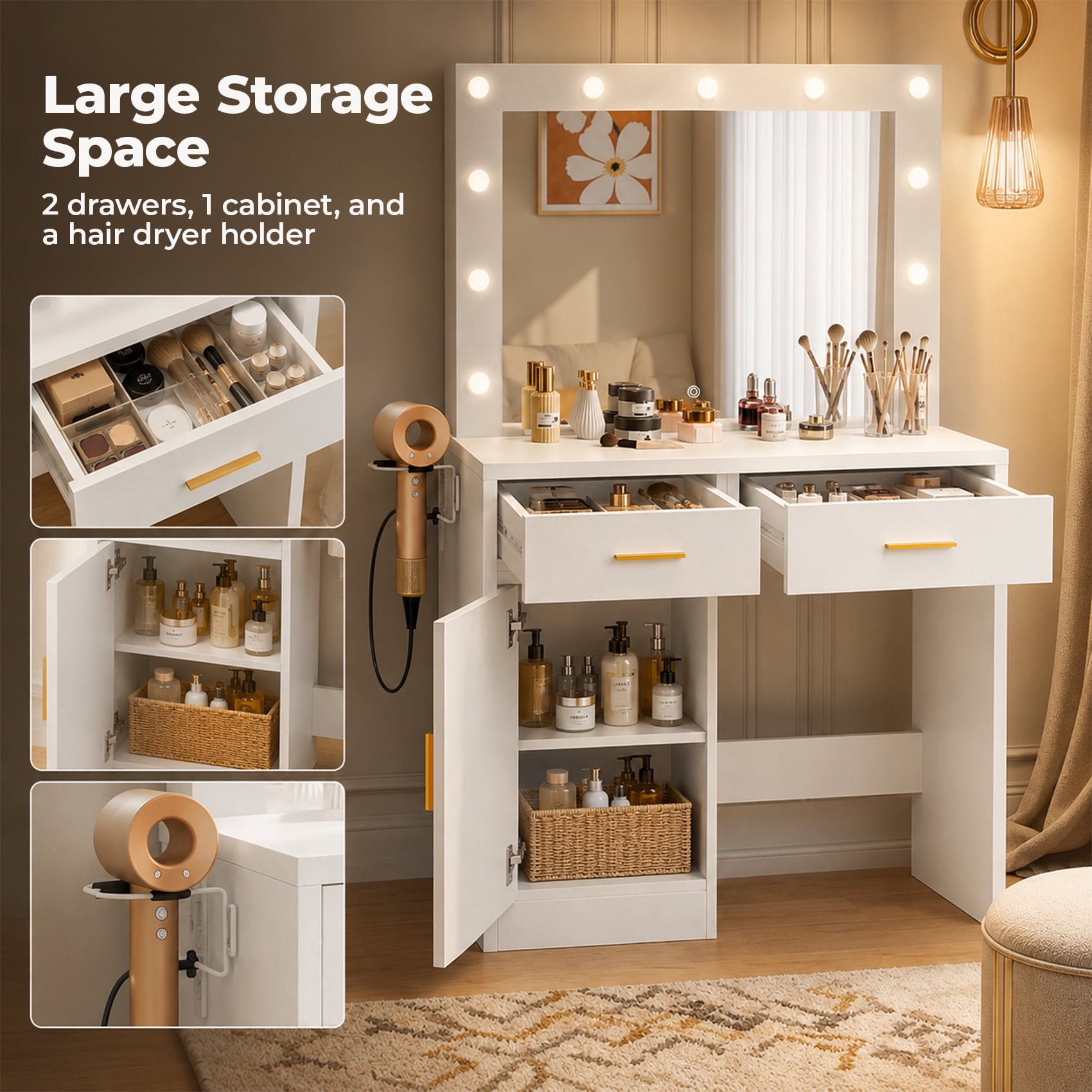 Alvantor 35.4" Makeup Vanity Desk with LED Mirror and Storage Cabinet