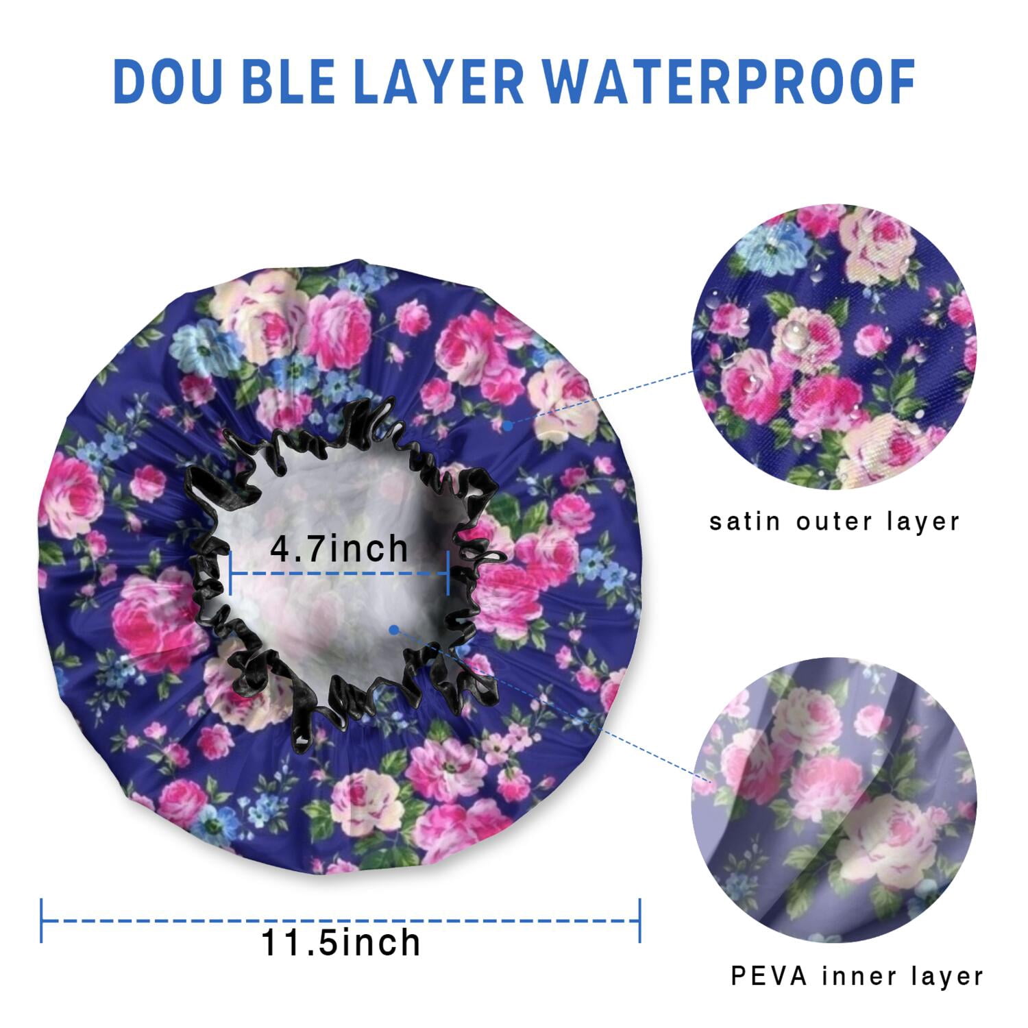 Shower Caps,Pioneer Flower Floral Print Pattern Waterproof Shower Cap for Women 4 Pieces,Double Reusable Hair Cover for Shower PEVA Elastic Stretch Hem