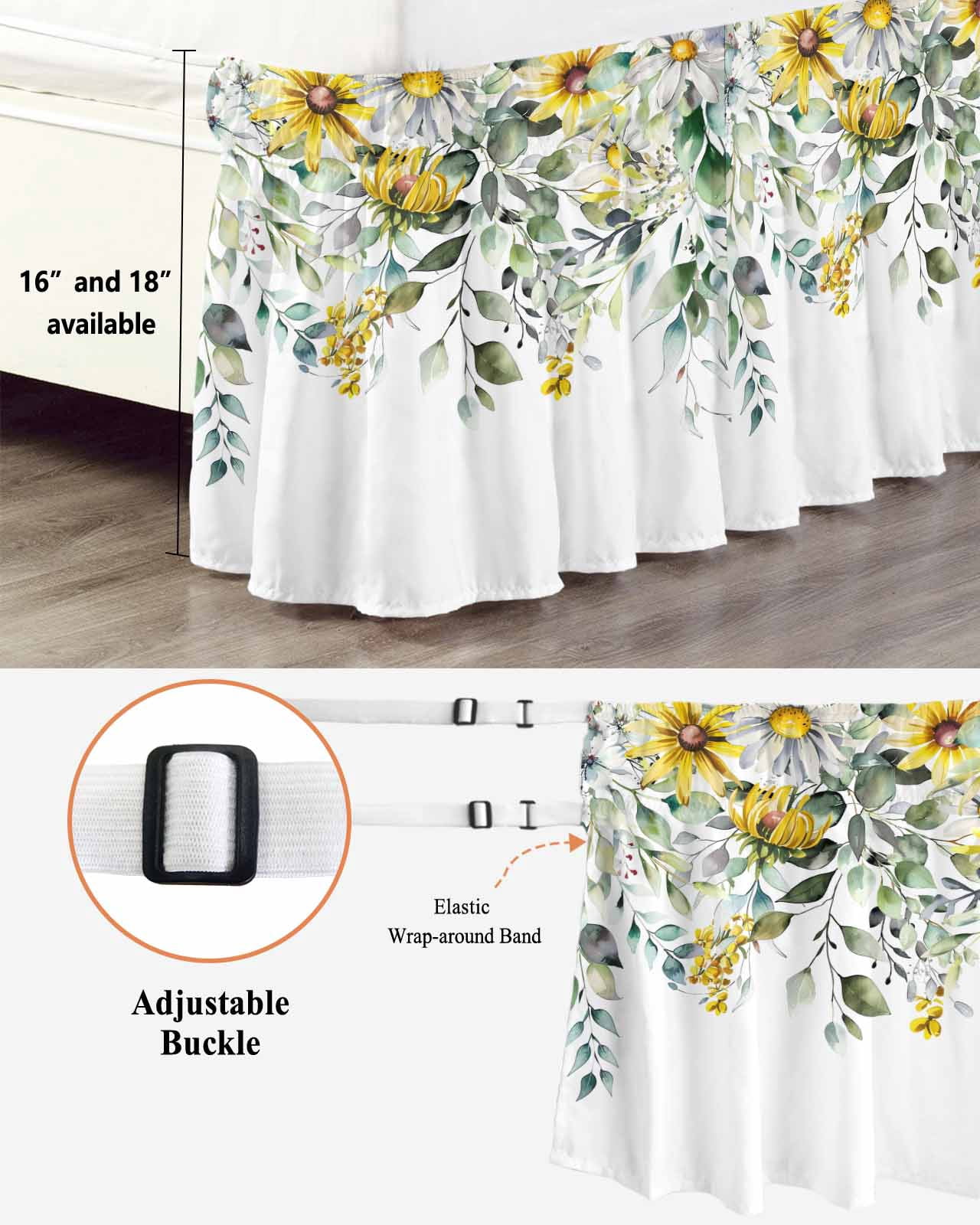 Farmhouse Eucalyptus Ruffle Bed Skirt Queen Size Leaves Yellow Daisy Botanical Adjustable Elastic Dust Bed Skirts Wrap Around Bedskirt Wrinkle Free Easy Fit with 16 Inch Drop