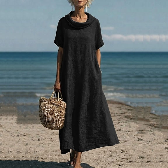 Horkkom Maxi Dresses for Women Linen Short Sleeve Crew Neck Summer Dresses Flowy Casual Long Dresses, S-3XL