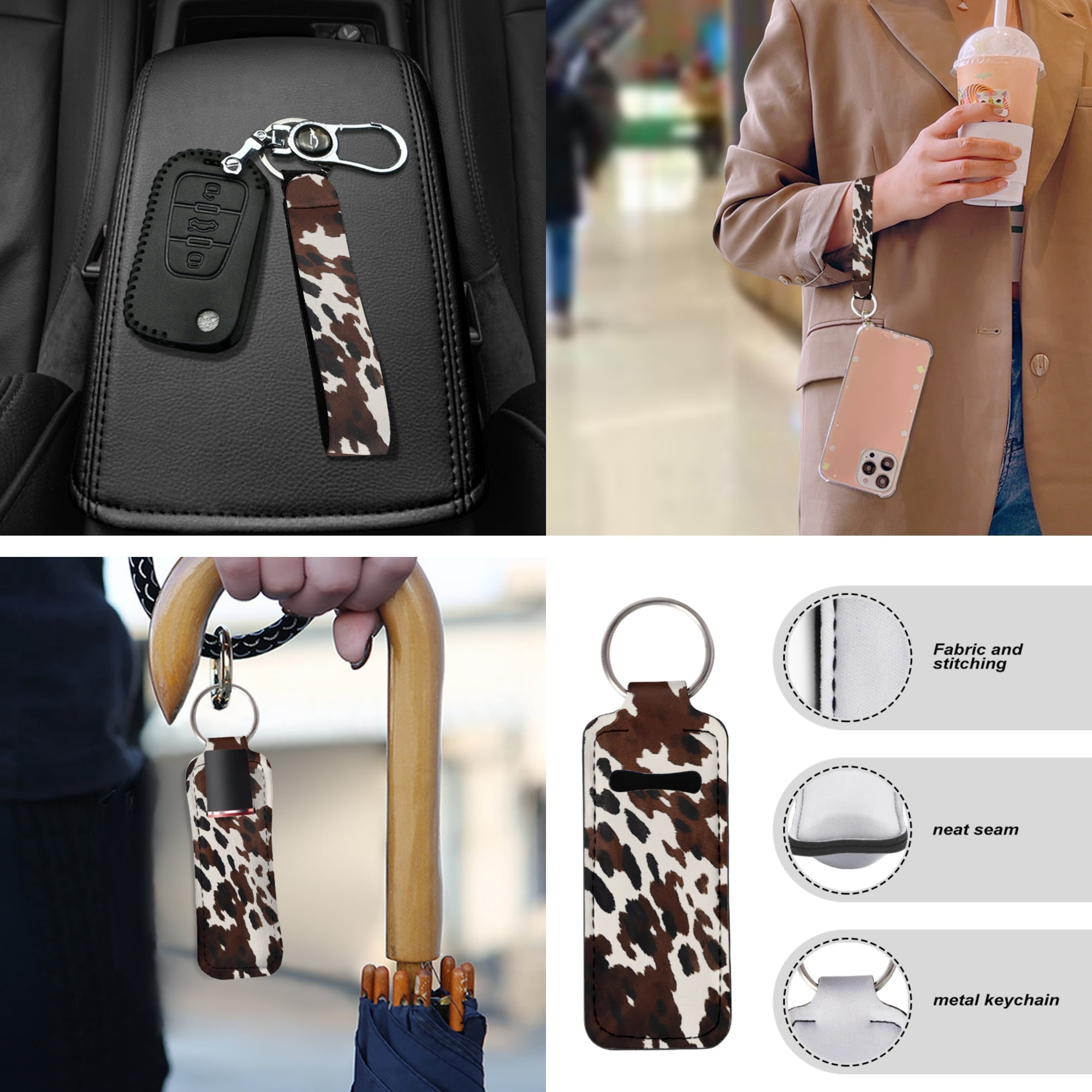 Jeiento Brown Cow Print 13 PCS Car Seat Cover Full Set with Auto Steering Wheel Cover Seat Belt Strap Pads Cup Coasters Armrest Pad Keychains Chapstick Holder Universal Fit Easy Install