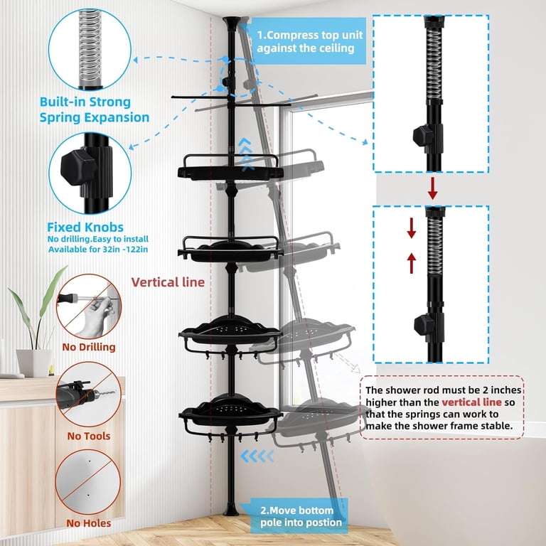 Corner Shower Caddy Tenson Pole: Adjustable Stanless Steel Shower