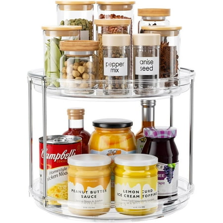 2 Tier Lazy Susan Organizer, 9.25'' Lazy Susan Turntable for Cabinet, Stackable Turntable Organizer Rotating Spice Rack Organization for Kitchen Countertop, Pantry, Bathroom, Clear