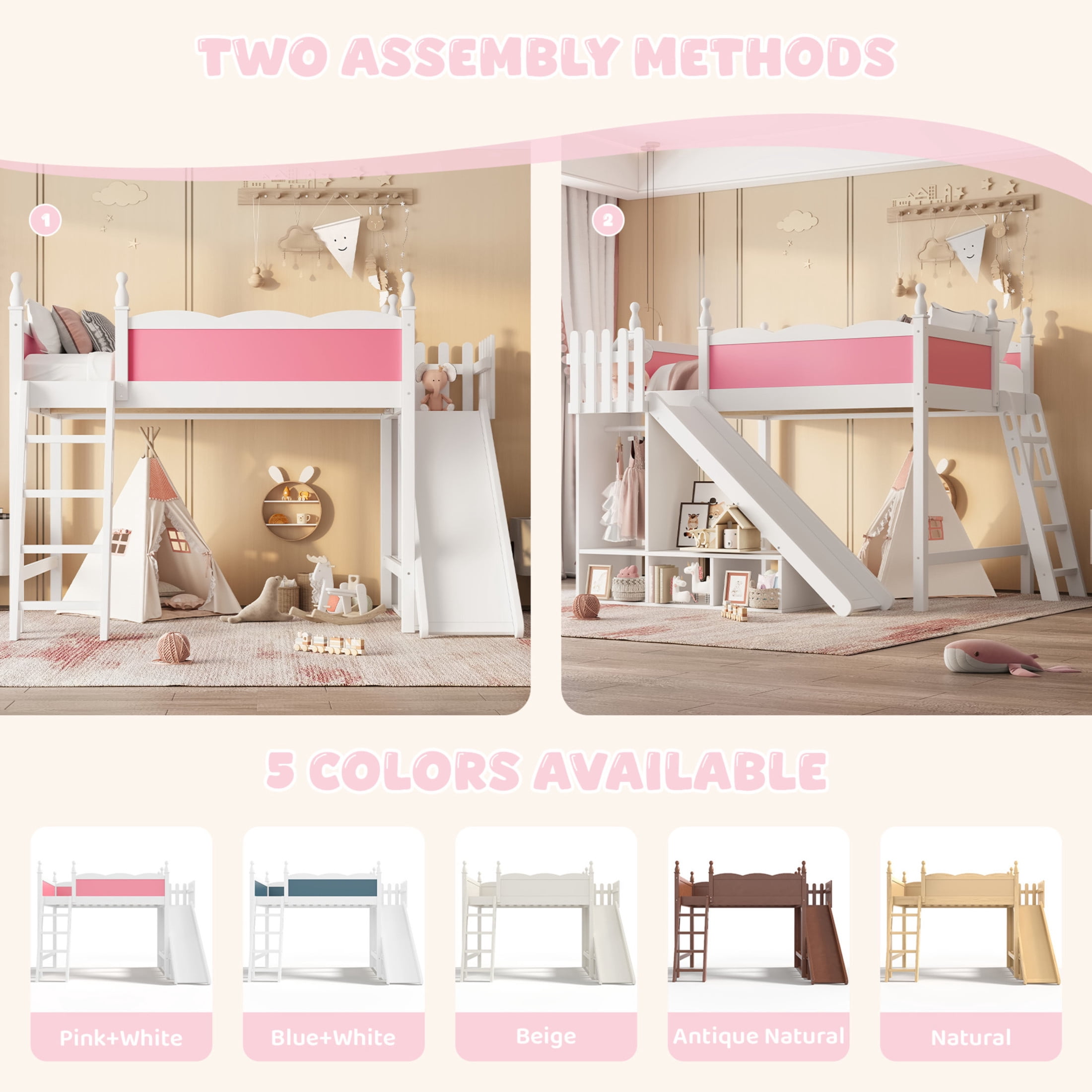 Noble House Queen Loft Bed with Storage Shelves, Detachable Slide and Ladder, White + Pink