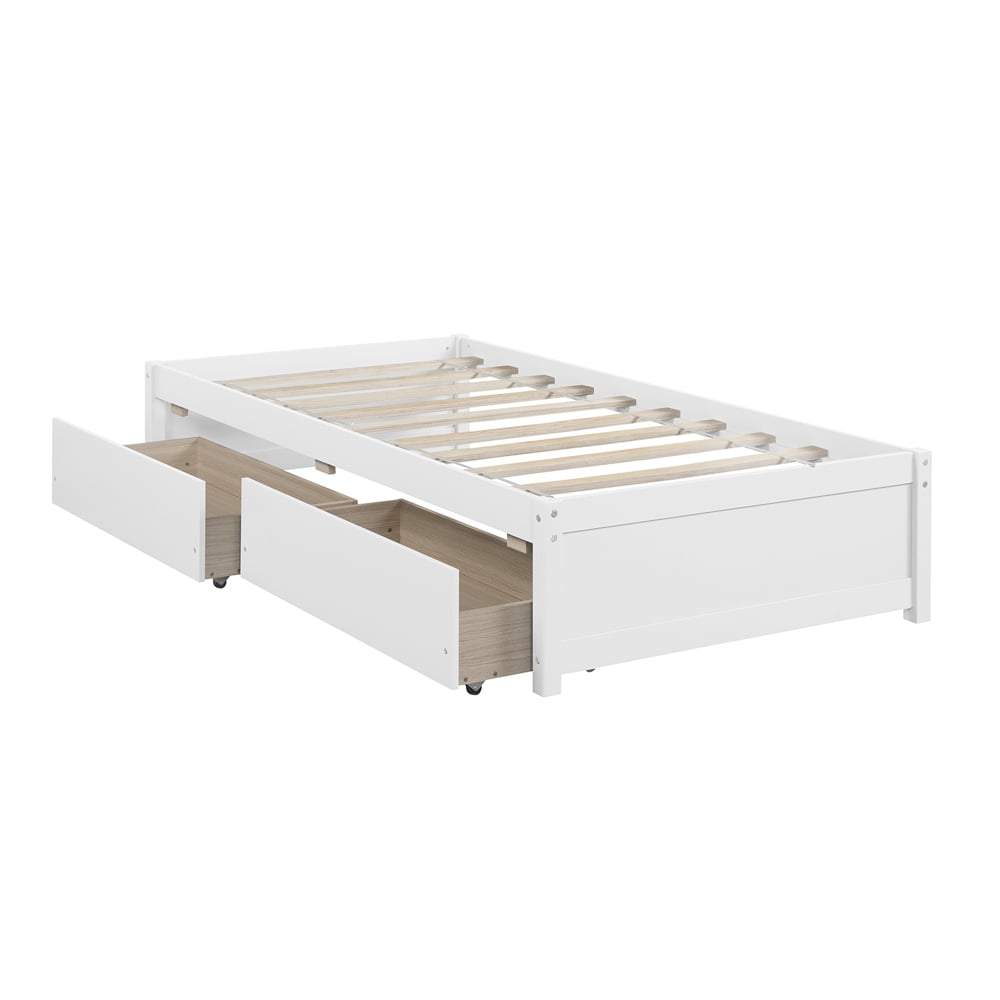 Twin Bed with 2 Storage Drawers, Twin Storage Bed Frame, White