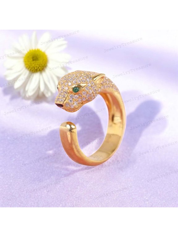 2.5 mm / 0.02 Ct Panther Ring Tiger Leopard Jaguar Emerald Ring CZ Diamond Engagement Ring Art Deco Handmade Jewelry Valentine's Day Gift for Women