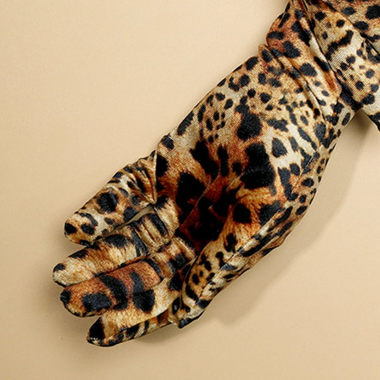 Spring Autumn Women Velvet Long Gloves with Leopard Print Pattern