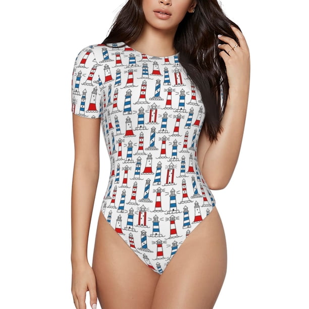 Balery Lighthouse And Beacon Body de cuello redondo de manga corta para mujer Tops de manga corta Tops básicos-Medium