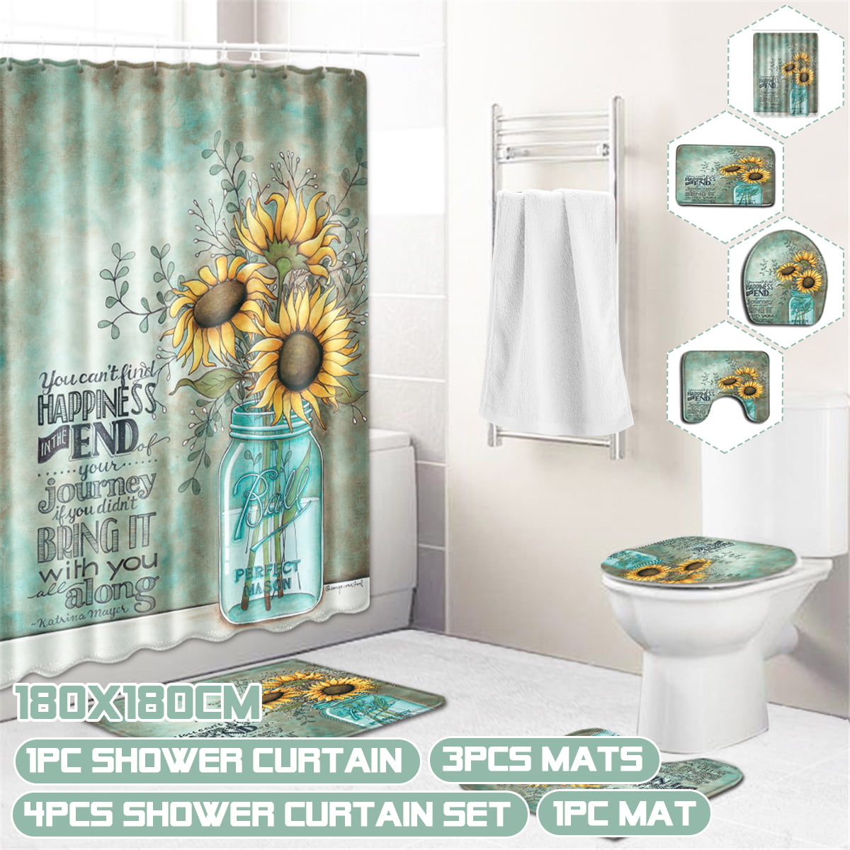 Sunflower Pattern Shower Curtain Bathroom Rug Non-Slip Mat Toilet Lid Cover Set 