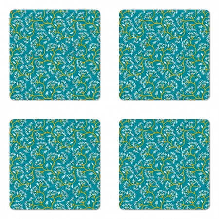 

Botanical Coaster Set of 4 Nature Botanic Jungle Themed Repeating Leaves and Branches Pattern Square Hardboard Gloss Coasters Standard Size Petrol Blue and Orange by Ambesonne