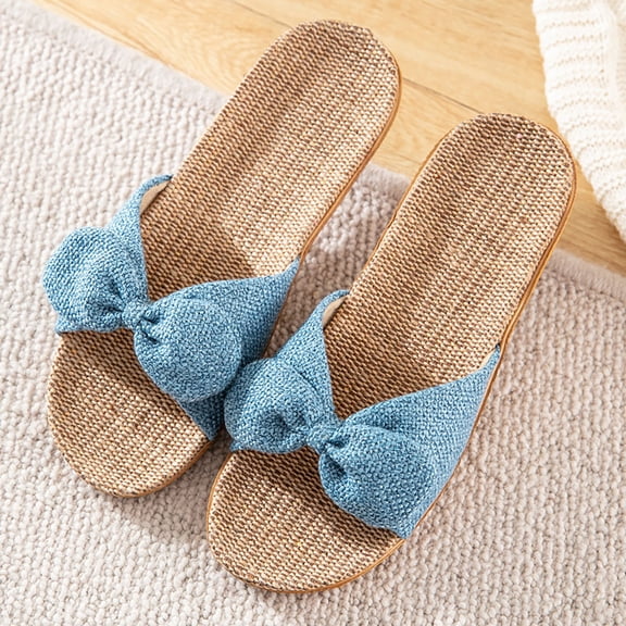 Bowknot Linen Slide Sandals Breathable Non-slip Indoor Slippers Women's Casual Indoor Outdoor Flat Footwear Blue 37