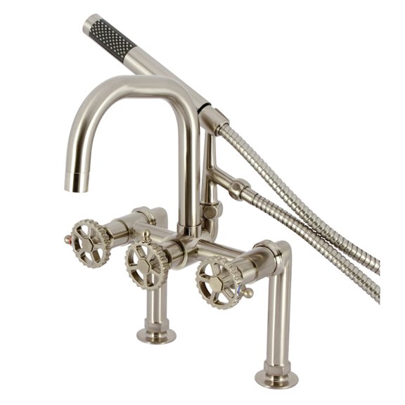 Kingston Brass AE8408CG Fuller Three-Handle 2-Hole Deck-Mount Clawfoot Tub Faucet with Hand Shower in Brushed Nickel