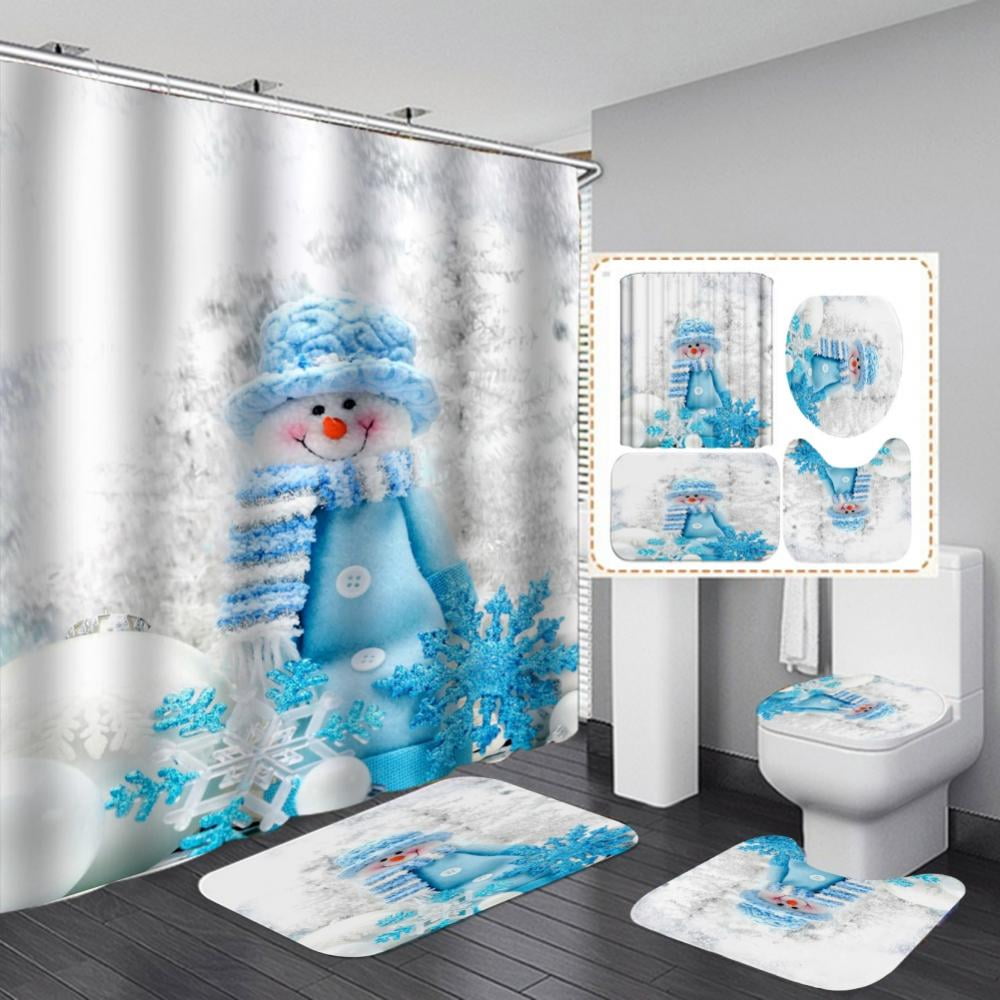 Four snowmen baby Shower Curtain Toilet Cover Rug Bath Mat Contour Rug Set 