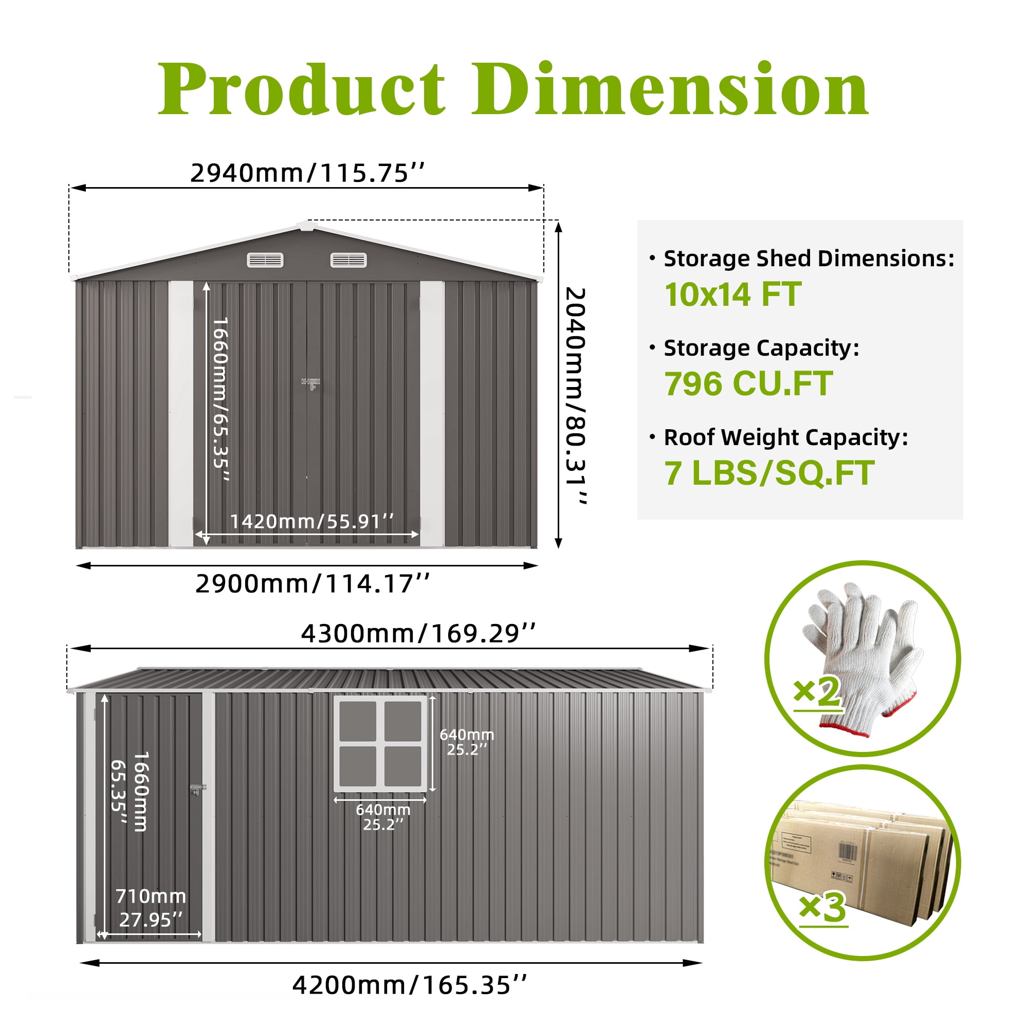 Leumius 10x14 FT Outdoor Metal Storage Shed, Durable Garden Shed with Three Lockable Doors and Clear Window for Backyard, Patio, Garden, All-Weather Shelter for Bike Gardening Tools Lawn Mowers Grey