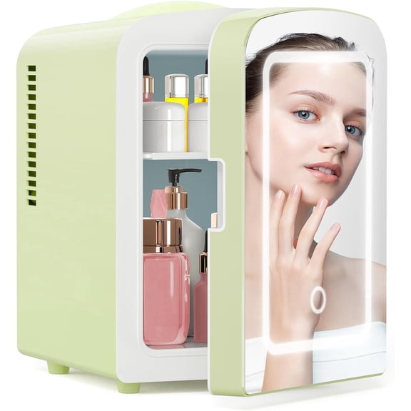 Mini Fridge for Bedroom,Small Drom Mini Refrigerator for Car Office,4L /6 Cans Beverage Cooler for Wine Food,Portable Skincare Cosmetics Makeup Fridge with Chiller No Freezer - Green