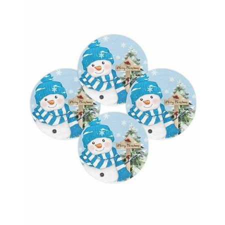 Christmas Round Placemats Set of 4 Blue Snowman Place Mats Washable Woven Placemat Berry Pine Tree Winter Snowflake Circle Braided Table Mat for Kitchen Dining Table Party Home Decor 15 Inch