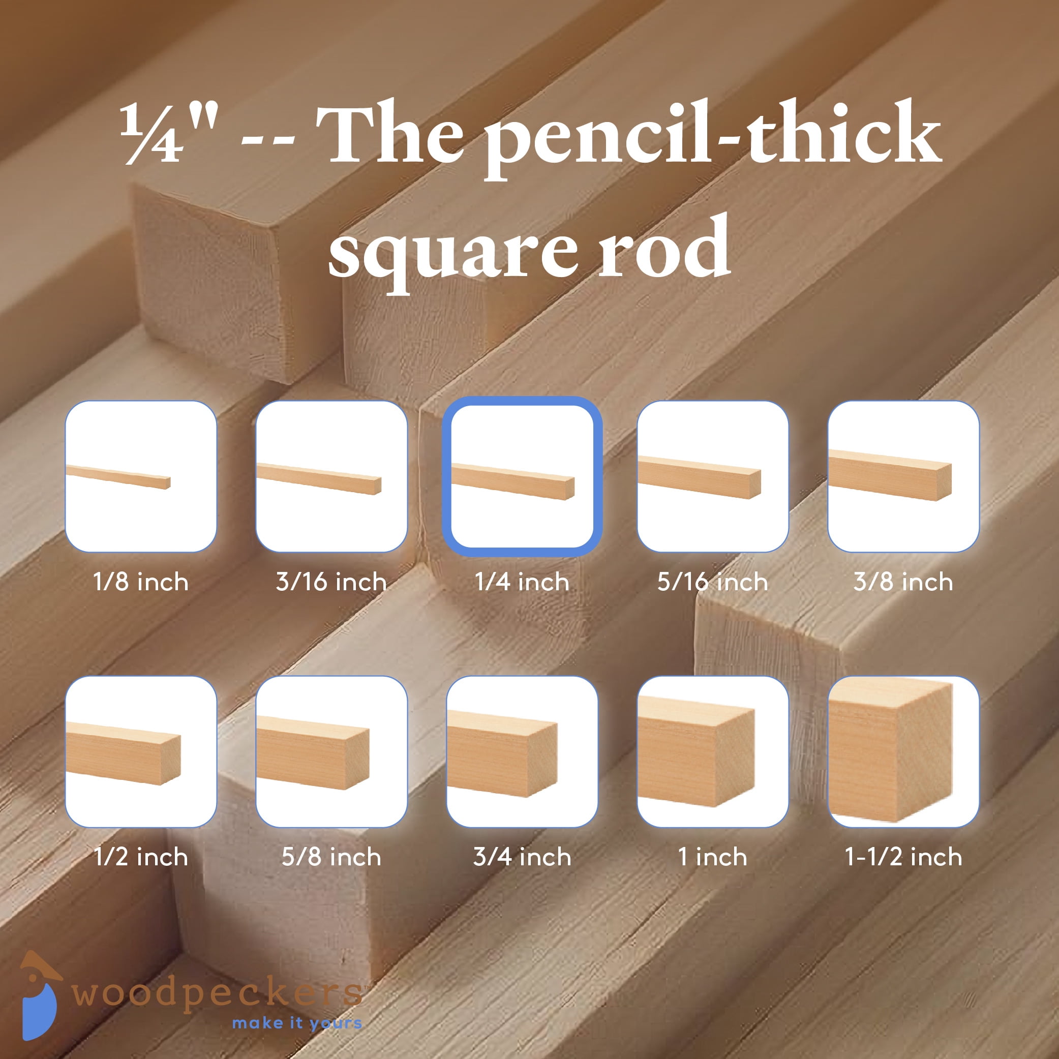 DIY Wooden Square Dowel Rod 1/4-inch x 24 Pack of 25 Hobby Wood Sticks for Crafts, Wood Trim & Architecture Model Making, by Woodpeckers