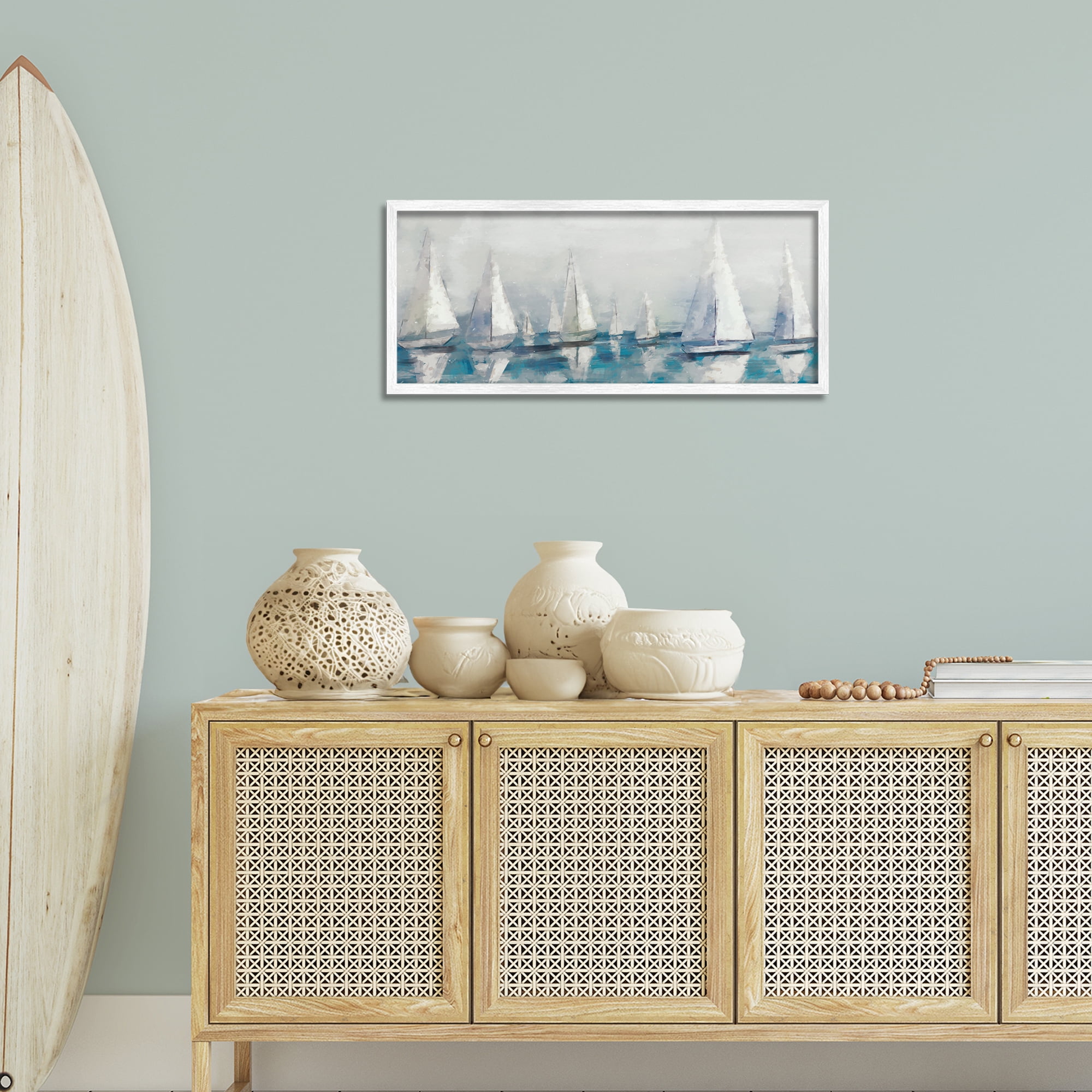 Stupell Industries Sailing Fleet Boats Transportation Painting White Framed Art Print Wall Art, 30 x 13