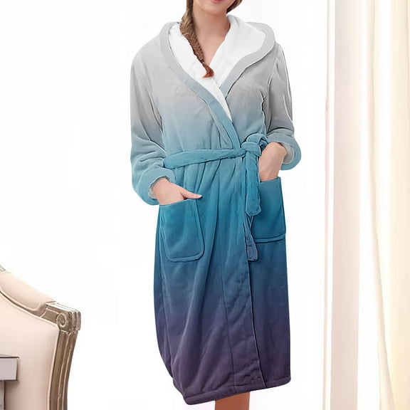 Nrmvnmi Flannel Hooded Bathrobe Robe For Women Soft Fuzzy Robe Pajamas Lightweight Knee Length Robes With Belt Pockets Solid Color Warm Sleepwear Robe For Fall Winter