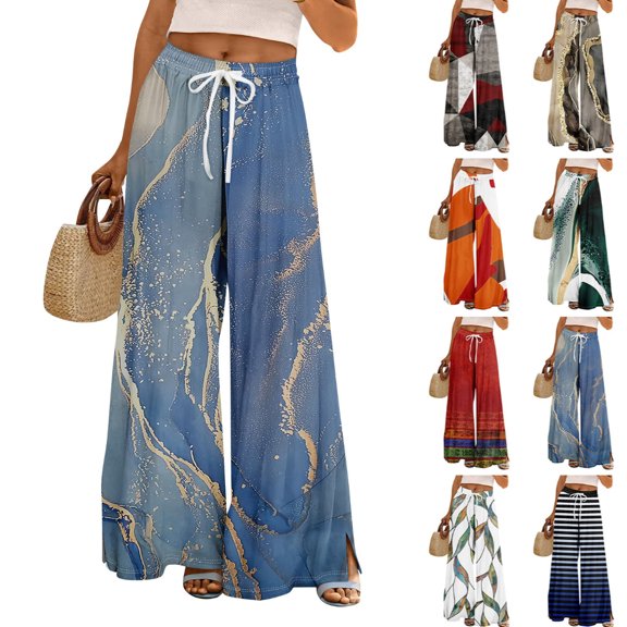 Women’s Loose Fit Geometric Print Wide Leg Pants with Elastic Drawstring Waist and Functional Pockets for Summer Casual Wear Blue L