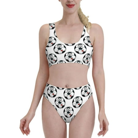 Fotbe Happy Football Women s High Waisted Bikini Tankini Sets Two Piece Bathing Suits High Cut Scoop Neck Swimsuit-Large