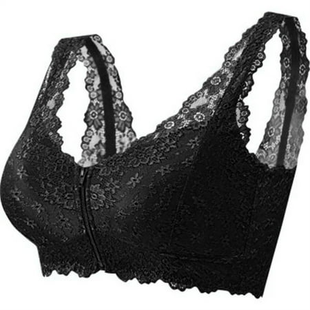 Bras for Plus Size Women Deep V Zipper with and Lace No Underwire Lingerie V-Neck Back-Smoothing Bra Feature Hook and Eye Closure Demi & Balconette Bra Style Y-482   Black L